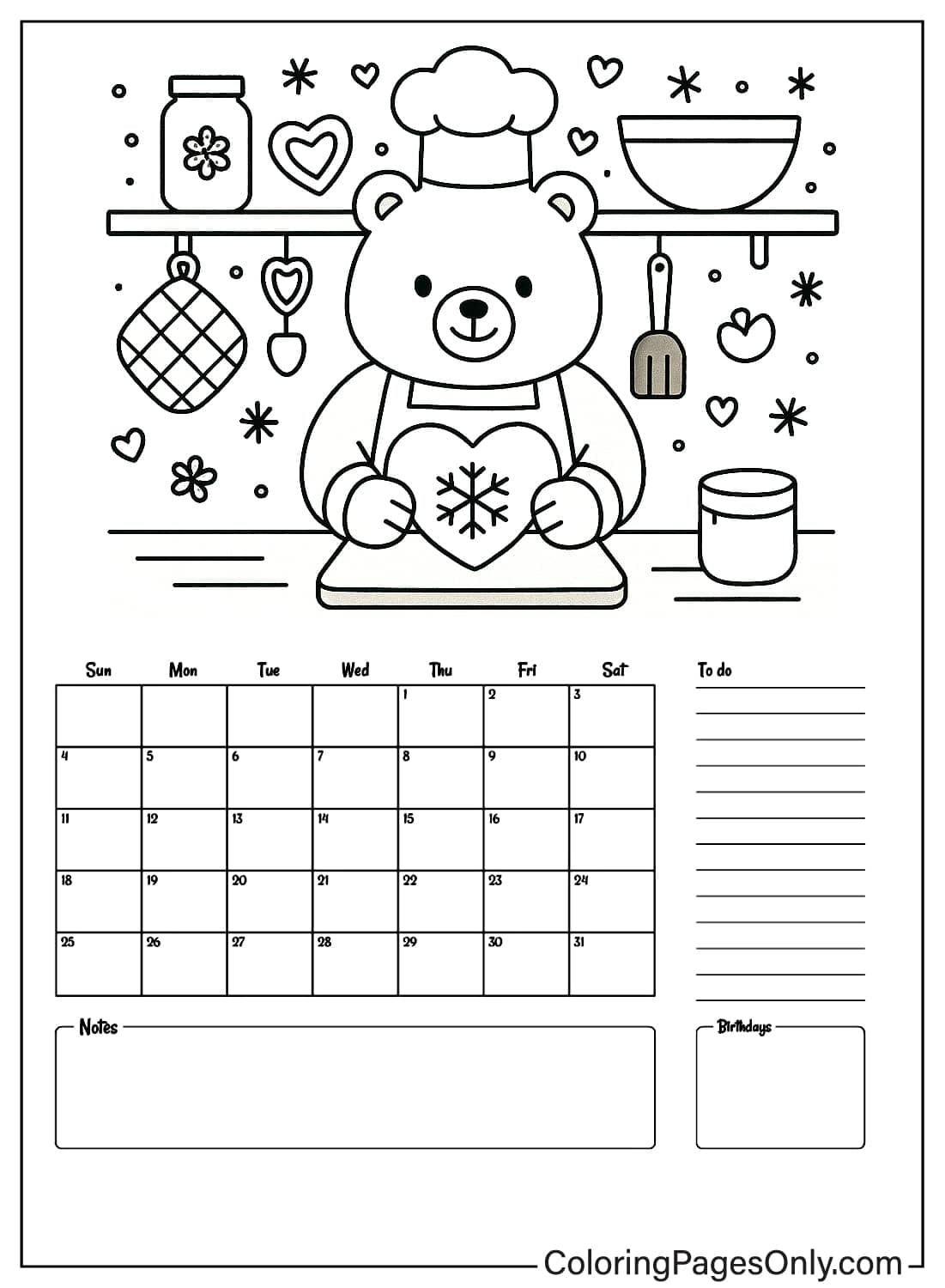 January monthly calendar with to do notes and bear chef holding a heart snowflake cookie in a kitchen scene from January 2026