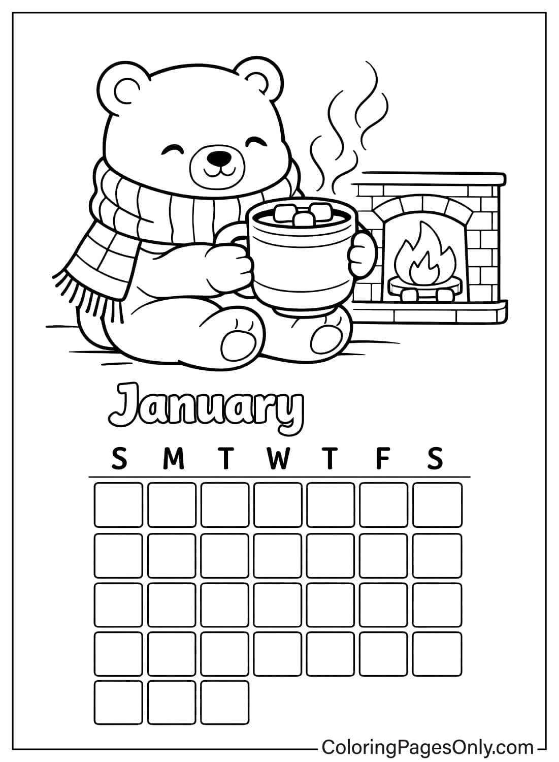 January calendar coloring pages cozy bear winter from Calendar
