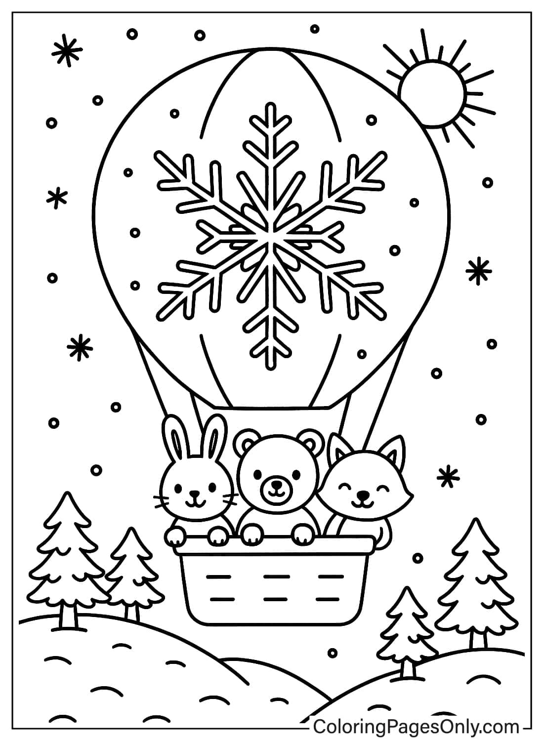 Rabbit bear and fox riding a hot air balloon with a big snowflake design January coloring page from January 2026