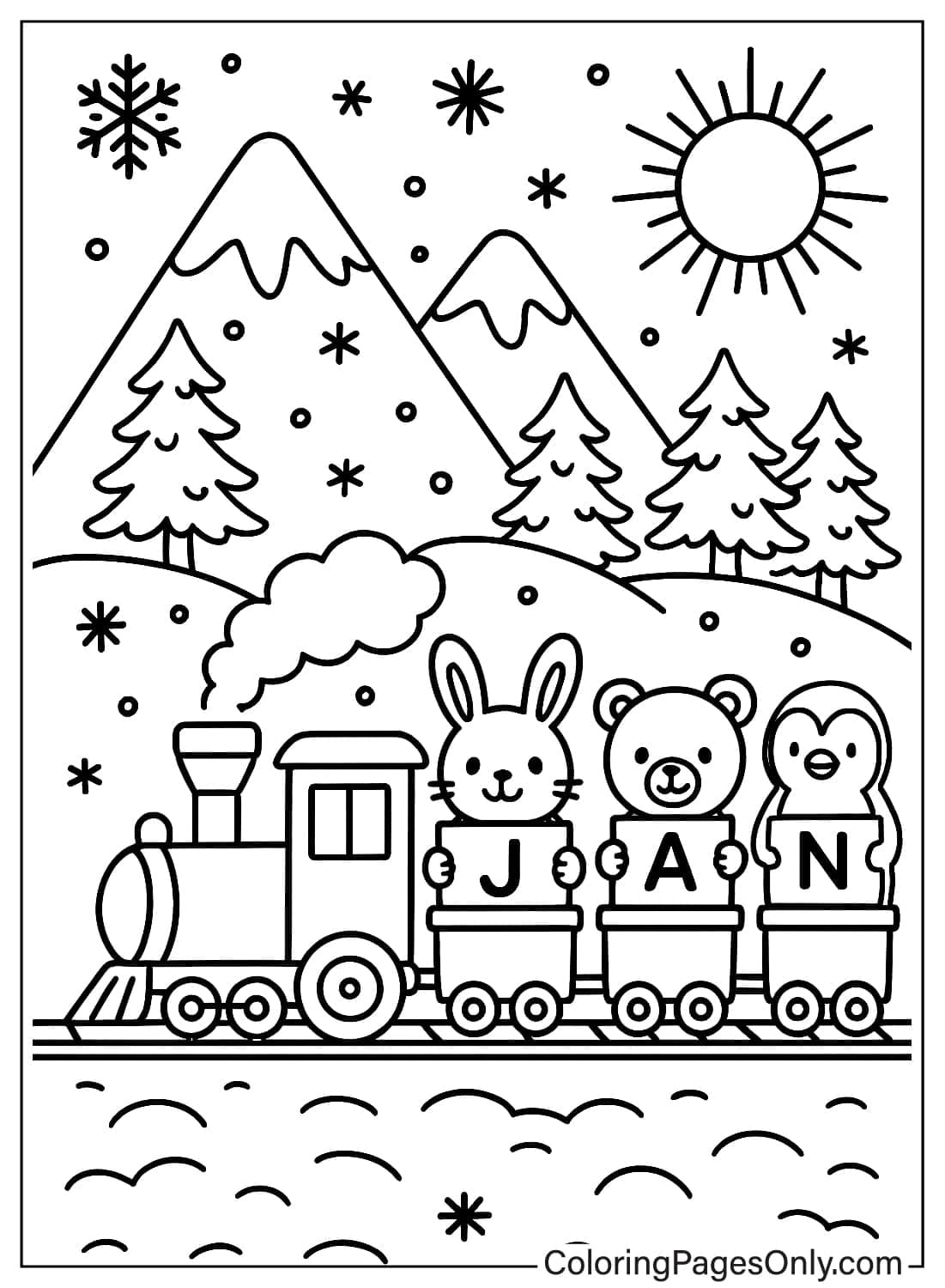 Rabbit bear and penguin riding a train with J A N letters through a snowy mountain landscape from January 2026