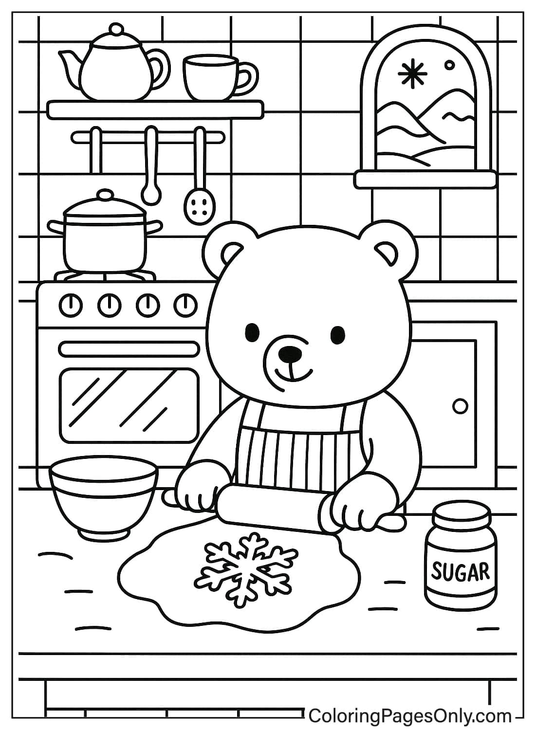 Cartoon bear wearing an apron rolling dough with a snowflake cutout in a kitchen scene from January 2026