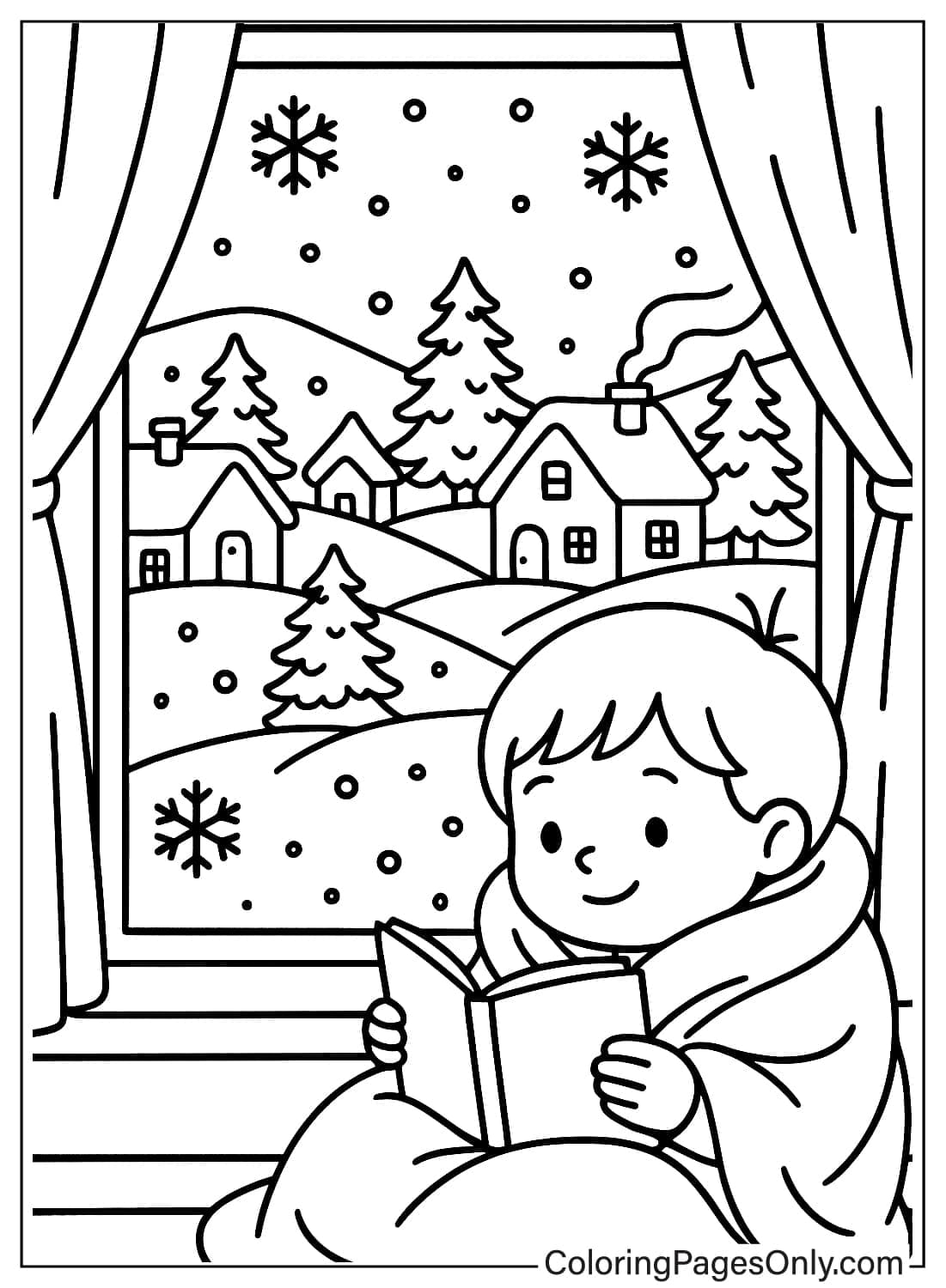 Happy boy wrapped in a blanket reading a book by a window looking out at a snowy village from January 2026