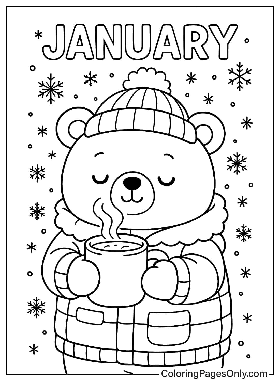 Cute bear in winter hat and coat sipping hot chocolate surrounded by snowflakes January Coloring Page from January 2026
