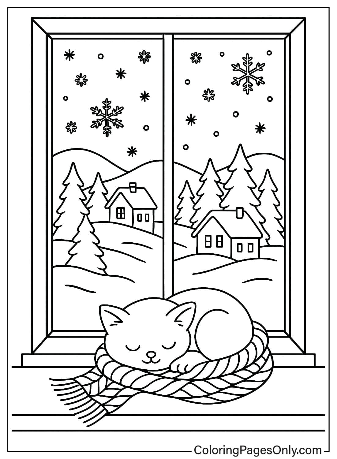 Adorable cat sleeping on a knitted scarf on a window sill with snowy village view January coloring page from January 2026