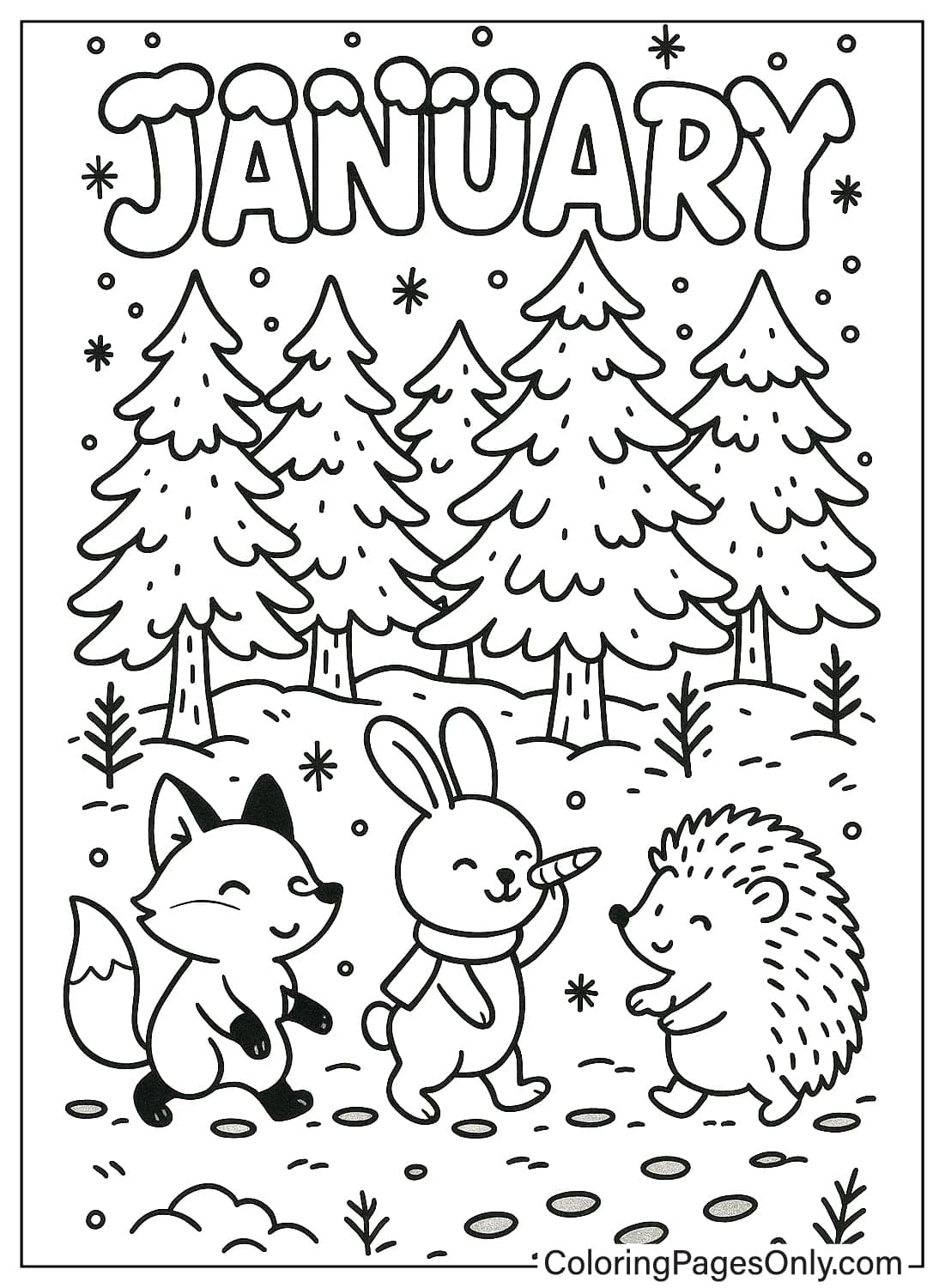 Cute fox rabbit holding a carrot and hedgehog standing together in a snowy forest January coloring page from January 2026