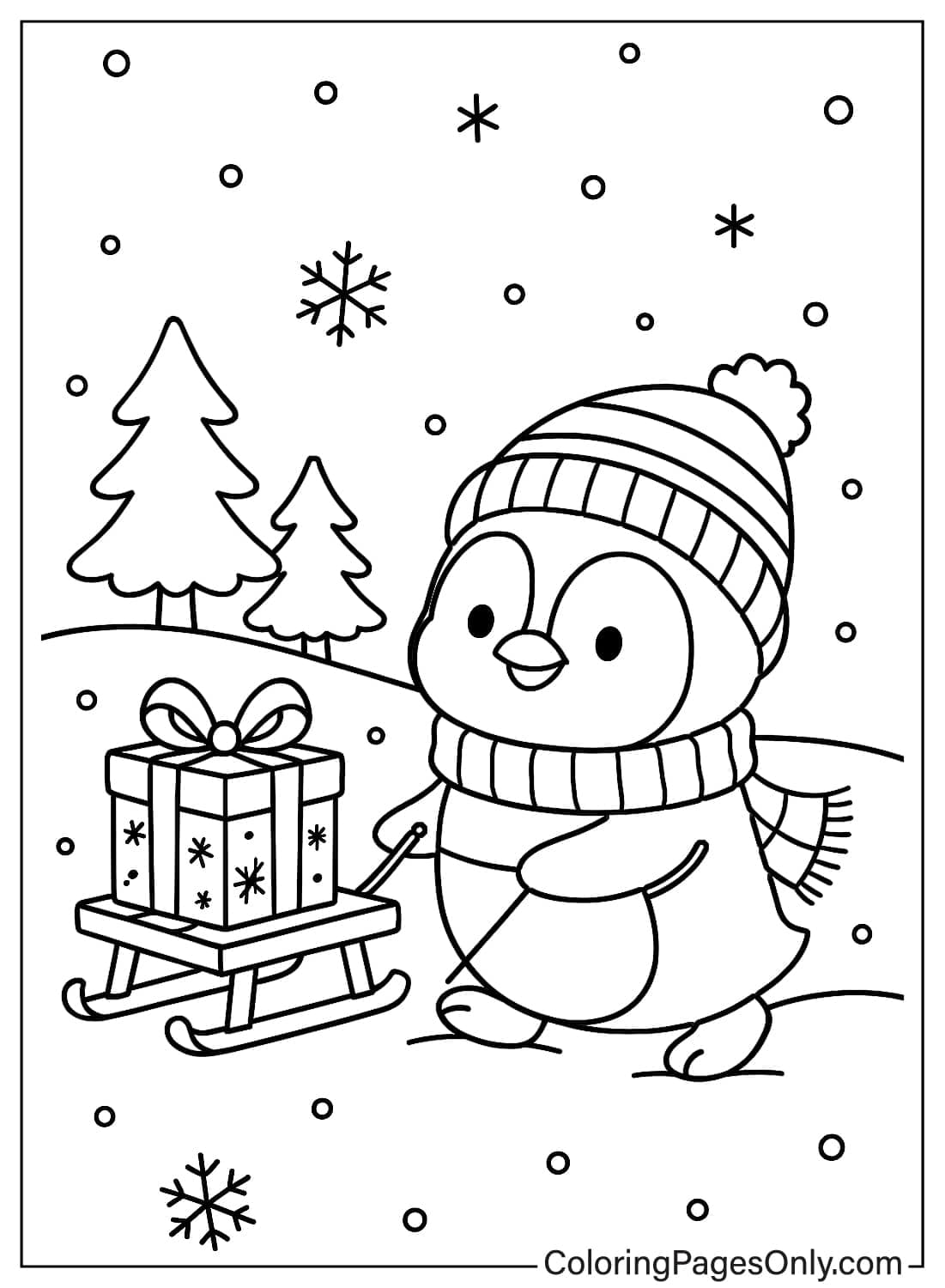 Cute penguin in winter hat and scarf pulling a sleigh with a wrapped gift box January coloring page from January 2026