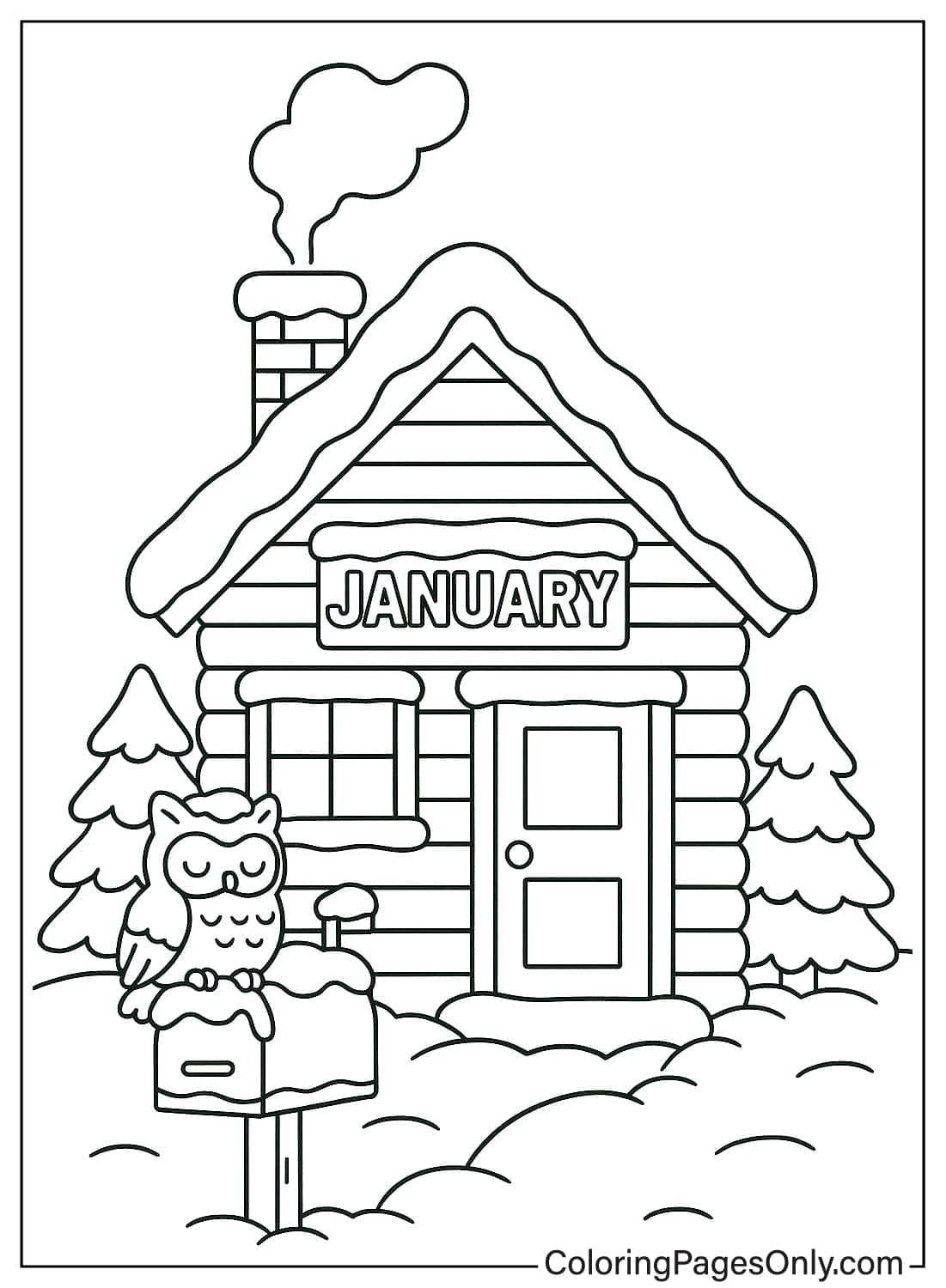 Cozy snow-covered cabin house with January sign and sleeping owl on the mailbox winter scene from January 2026