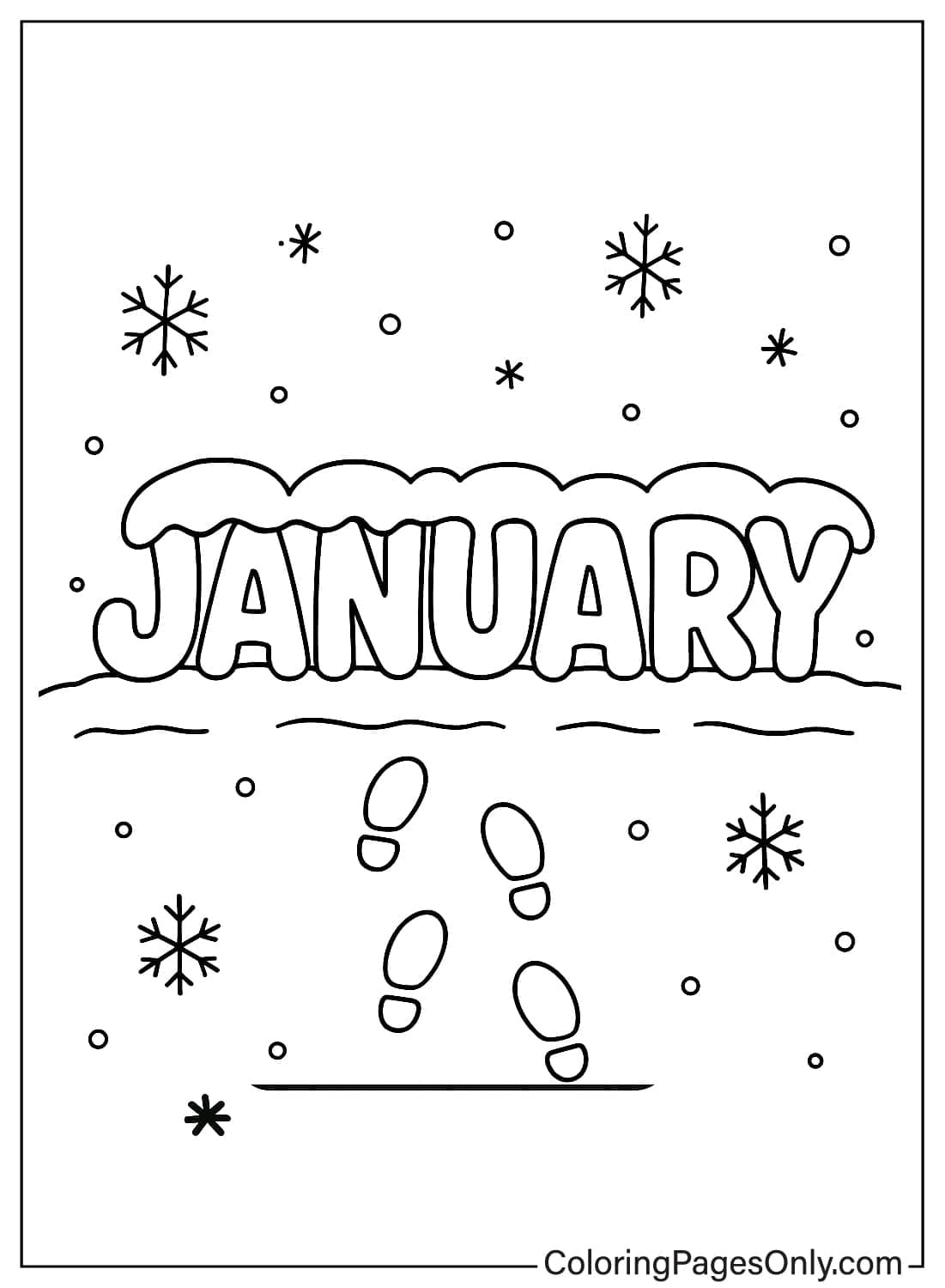 Large snow-covered word JANUARY with footprints in fresh snow winter scene coloring page from January 2026