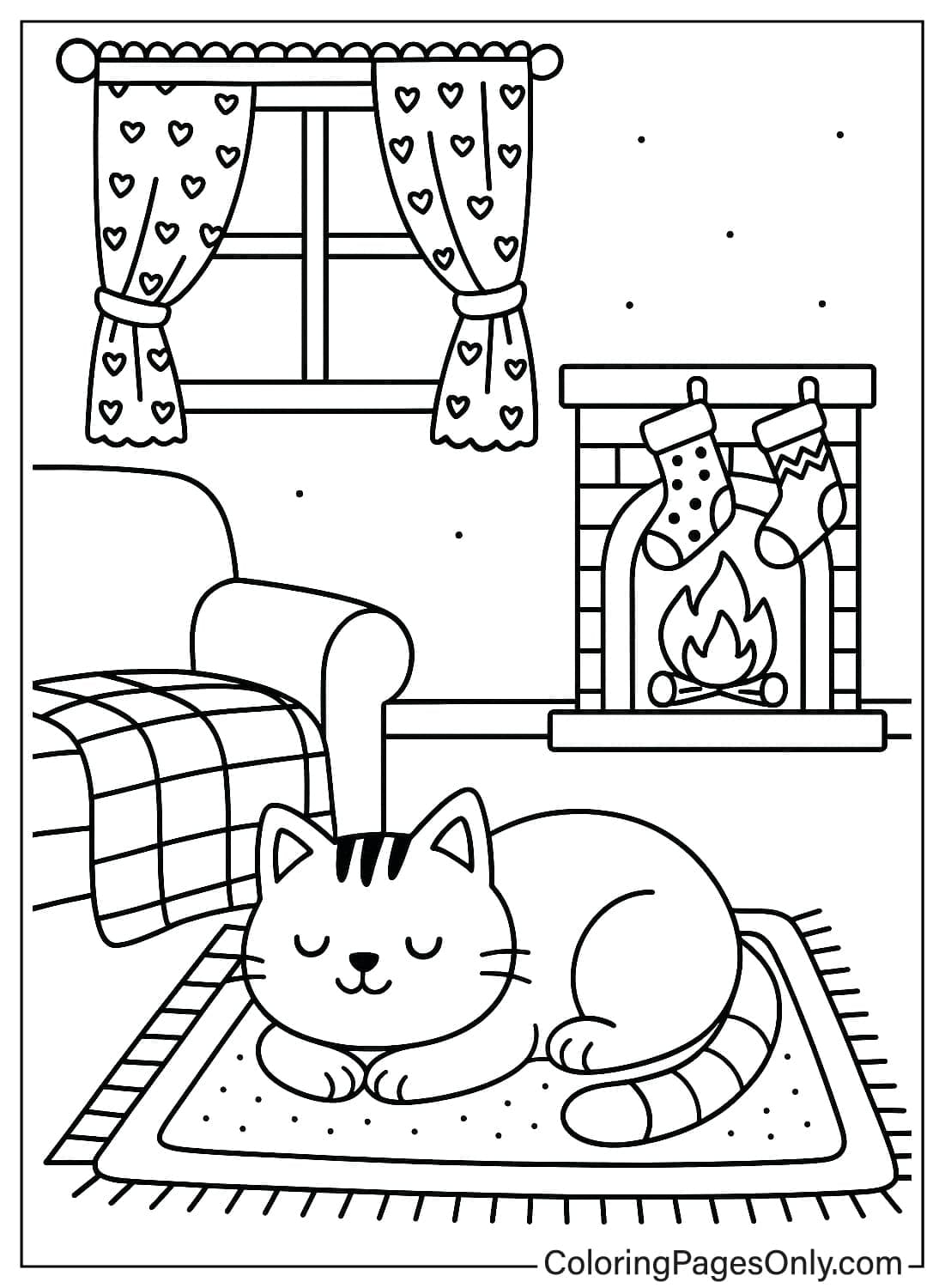 Cute cat sleeping on a rug by a warm fireplace and stockings on mantel January Coloring Page from January 2026