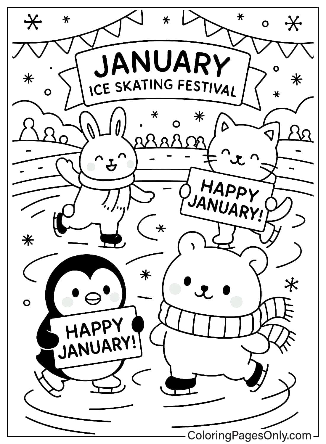 Rabbit cat penguin and bear ice skating at January Ice Skating Festival coloring page from January 2026
