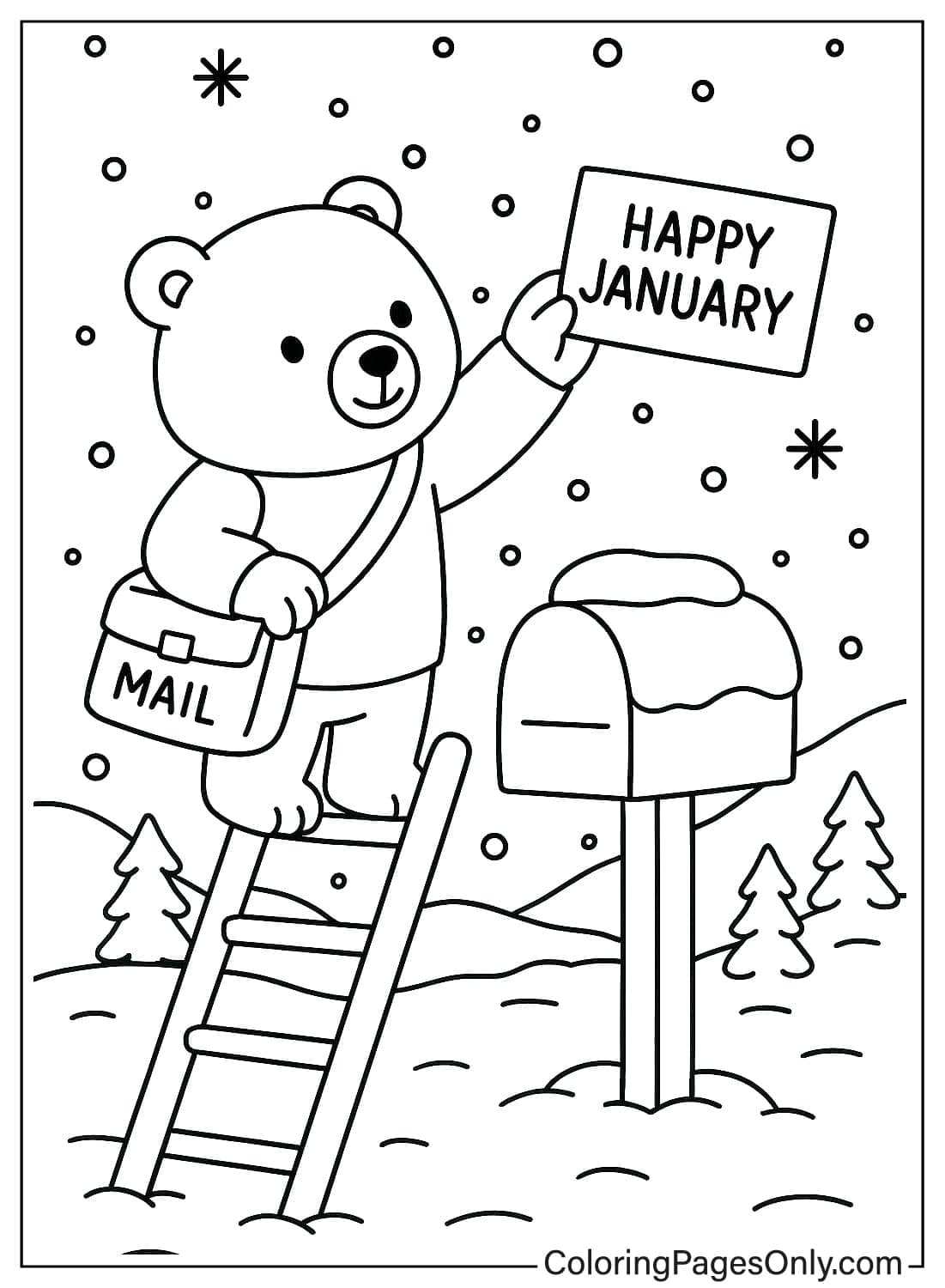 Bear postman on a ladder delivering Happy January mail to a snow-covered mailbox from January 2026