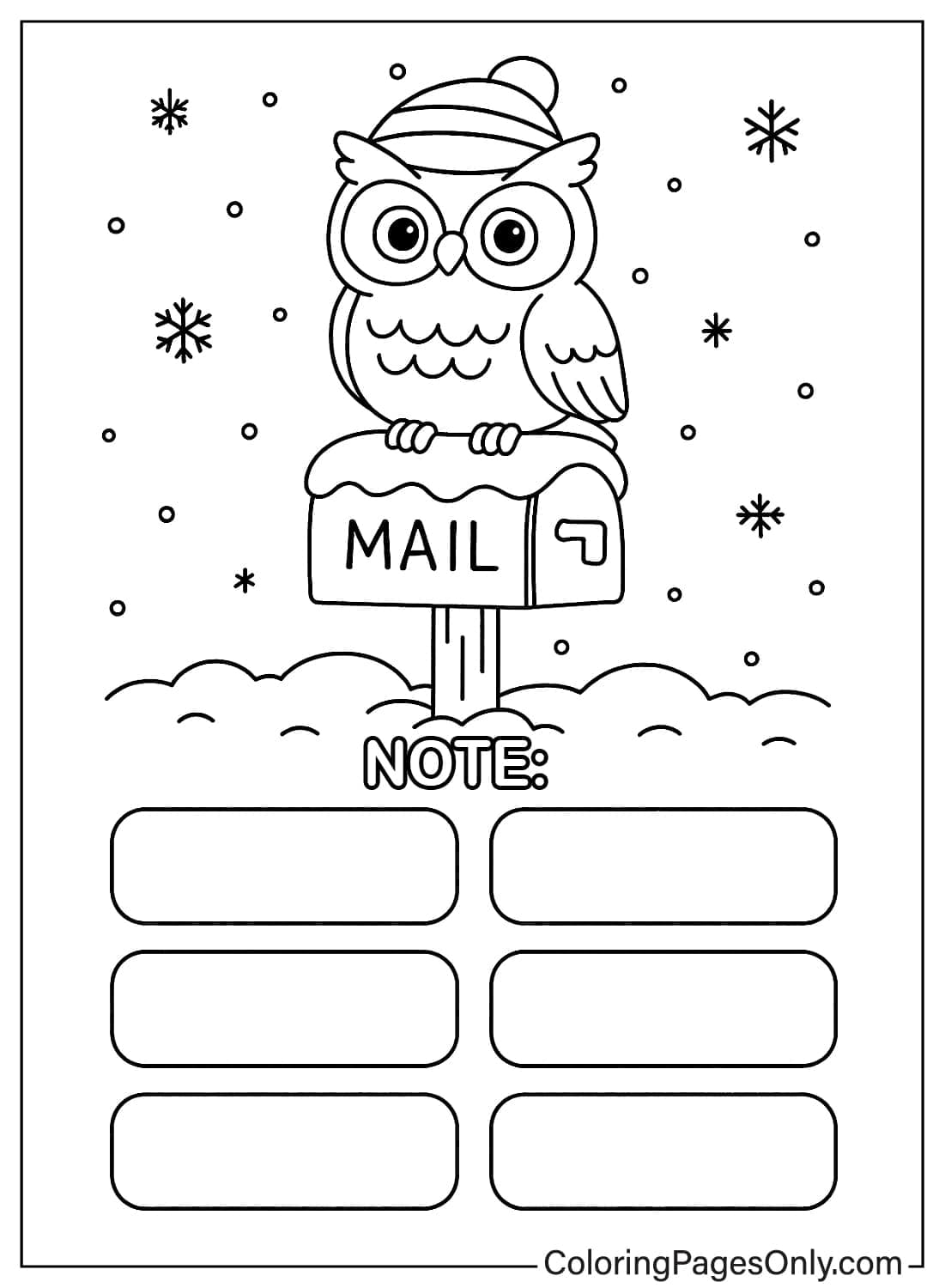 Adorable owl on a mailbox surrounded by snow with large NOTE section and blank boxes for writing from January 2026