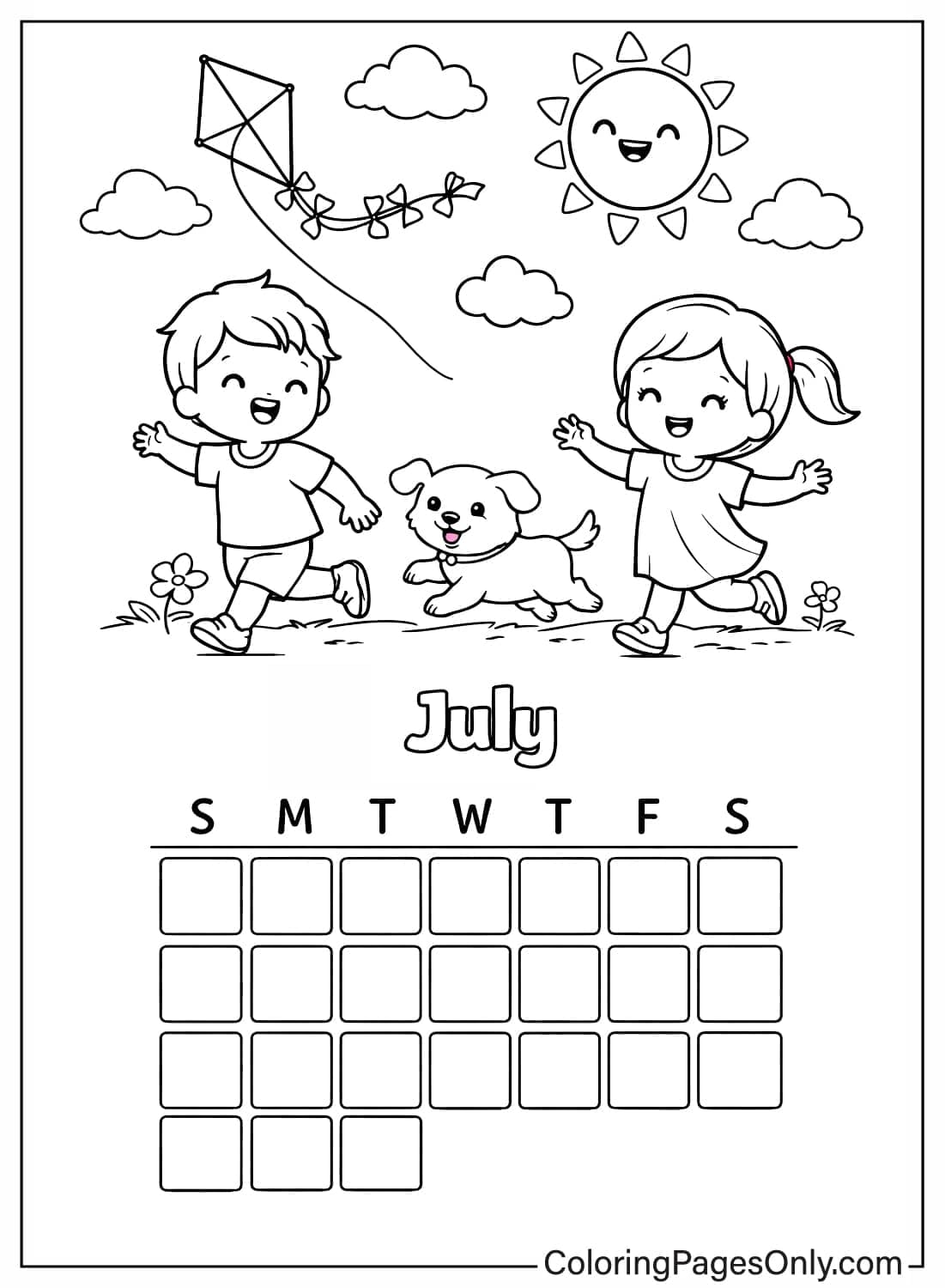 July calendar coloring pages kids kite summer from Calendar