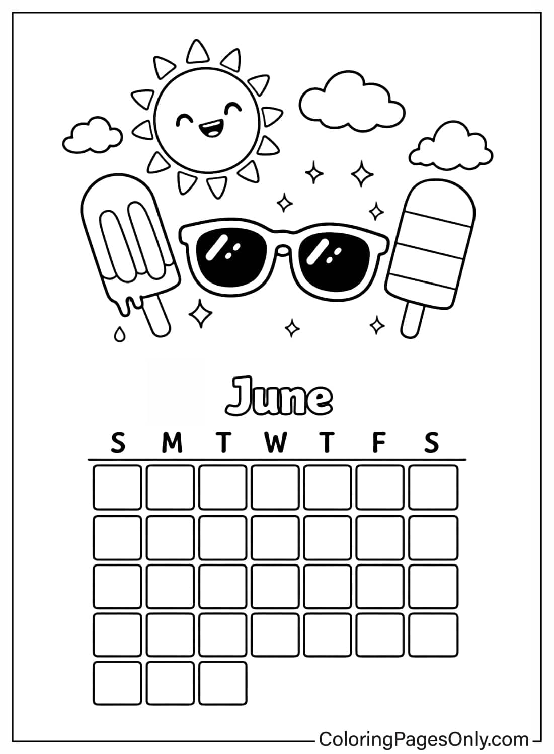 June calendar coloring pages summer sun ice cream from Calendar