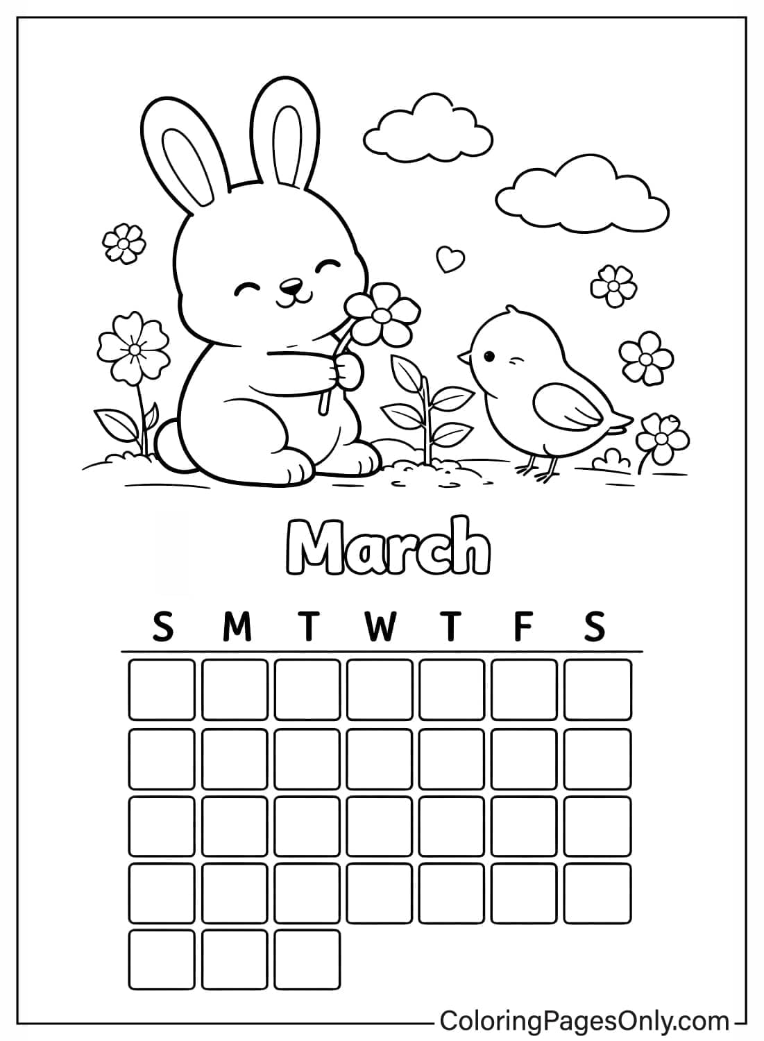 March calendar coloring pages bunny spring flowers from Calendar
