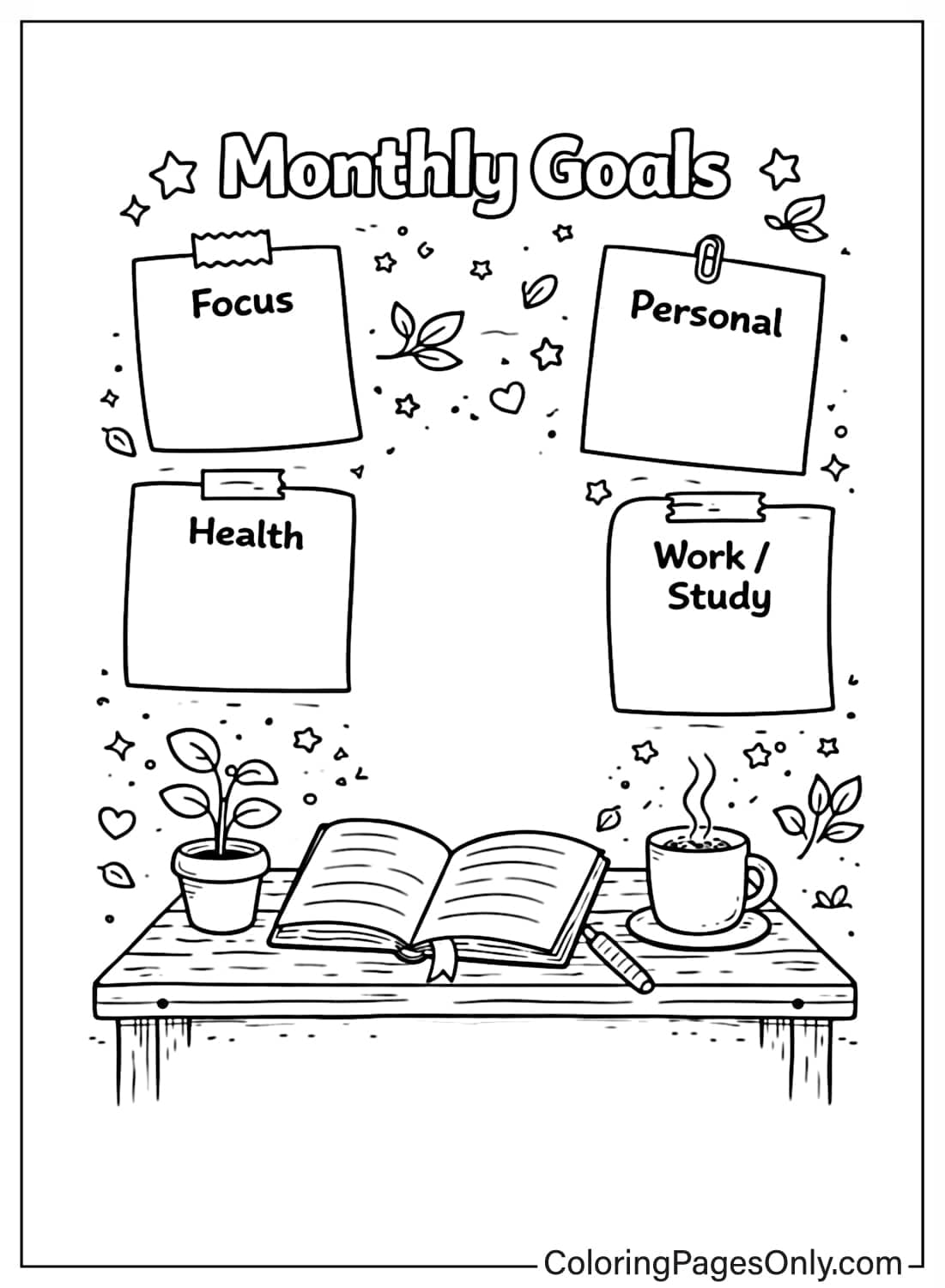monthly goals planner calendar coloring pages desk from Calendar