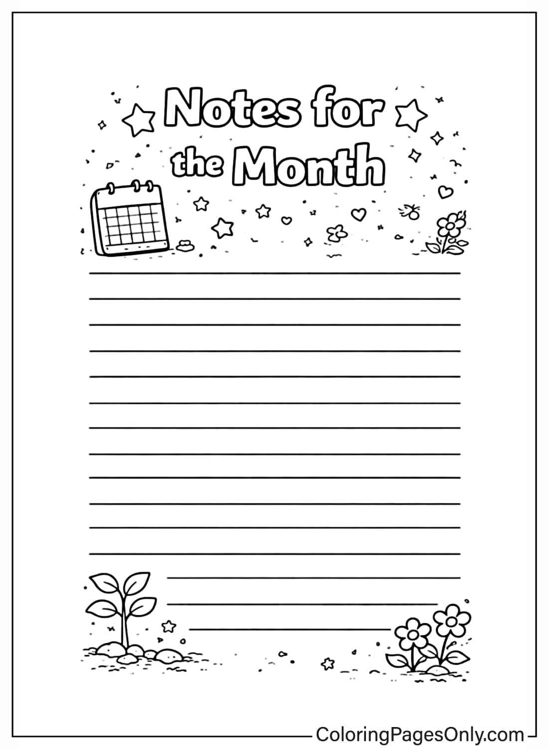 notes for the month calendar coloring pages from Calendar