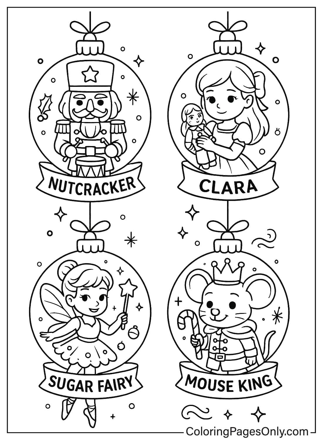 Nutcracker Clara Sugar Fairy Mouse King Christmas ornaments coloring page from Nutcracker
