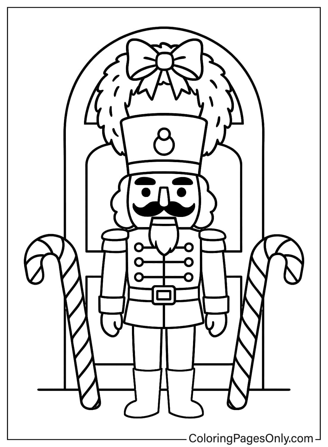 Nutcracker standing between two candy canes coloring page from Nutcracker