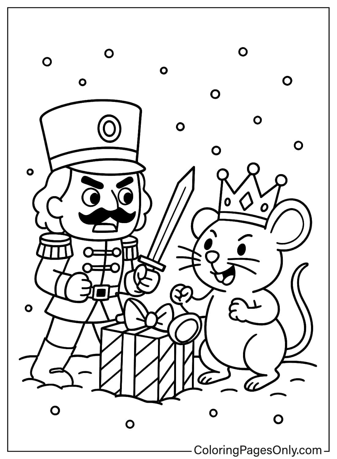 Nutcracker doll fighting the Mouse King with a sword over a present coloring page from Nutcracker