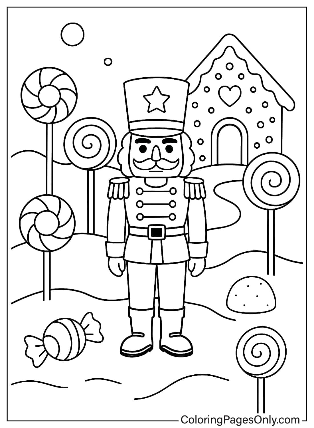 Nutcracker in a sweet gingerbread land surrounded by lollipops coloring page from Nutcracker