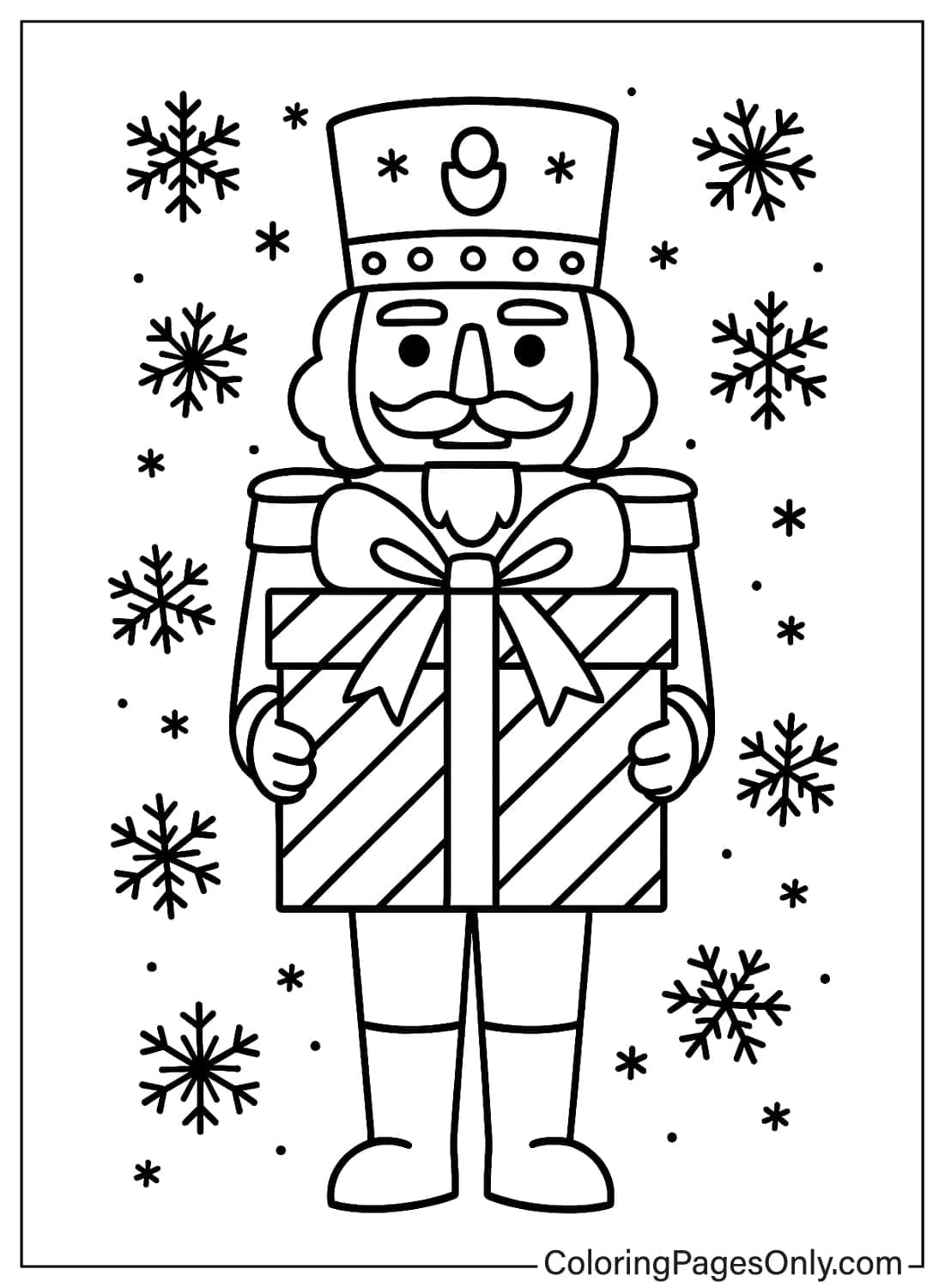 Nutcracker doll holding a large Christmas present coloring page from Nutcracker