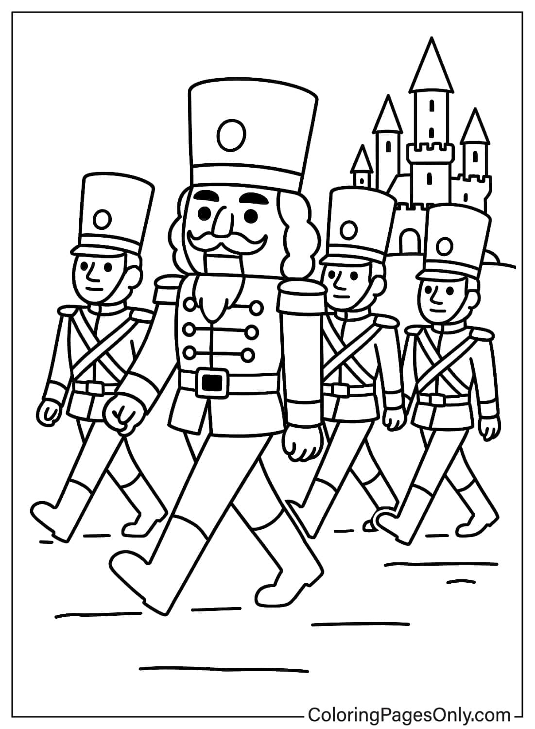 Nutcracker doll leading a line of toy soldiers marching in front of a castle coloring page from Nutcracker
