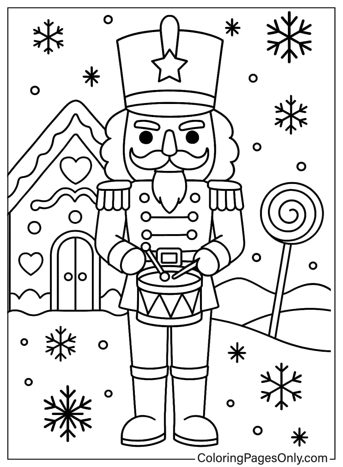 Nutcracker in a snowy scene playing a drum next to a gingerbread house coloring page from Nutcracker