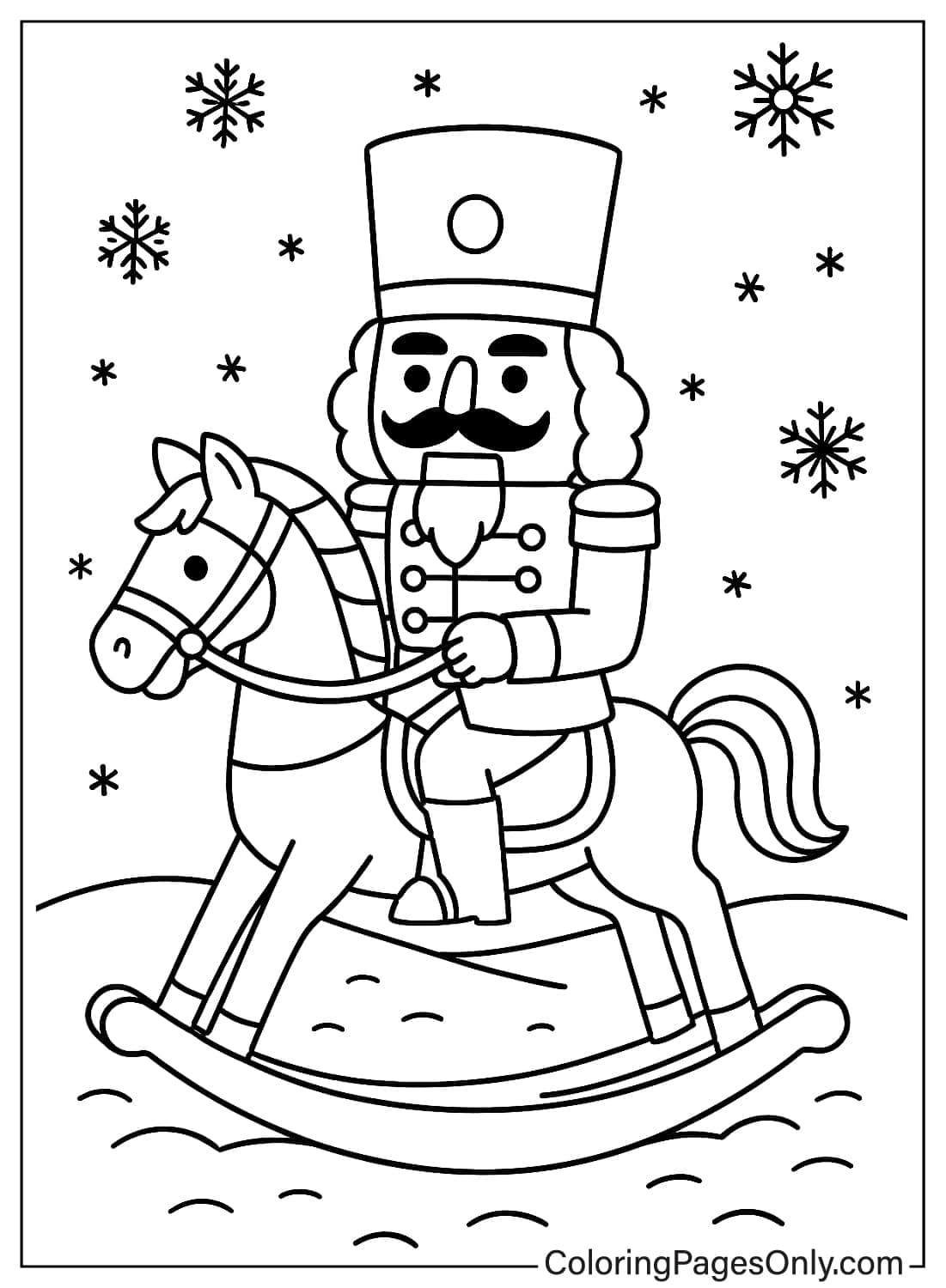 Nutcracker doll riding a rocking horse surrounded by snowflakes coloring page from Nutcracker