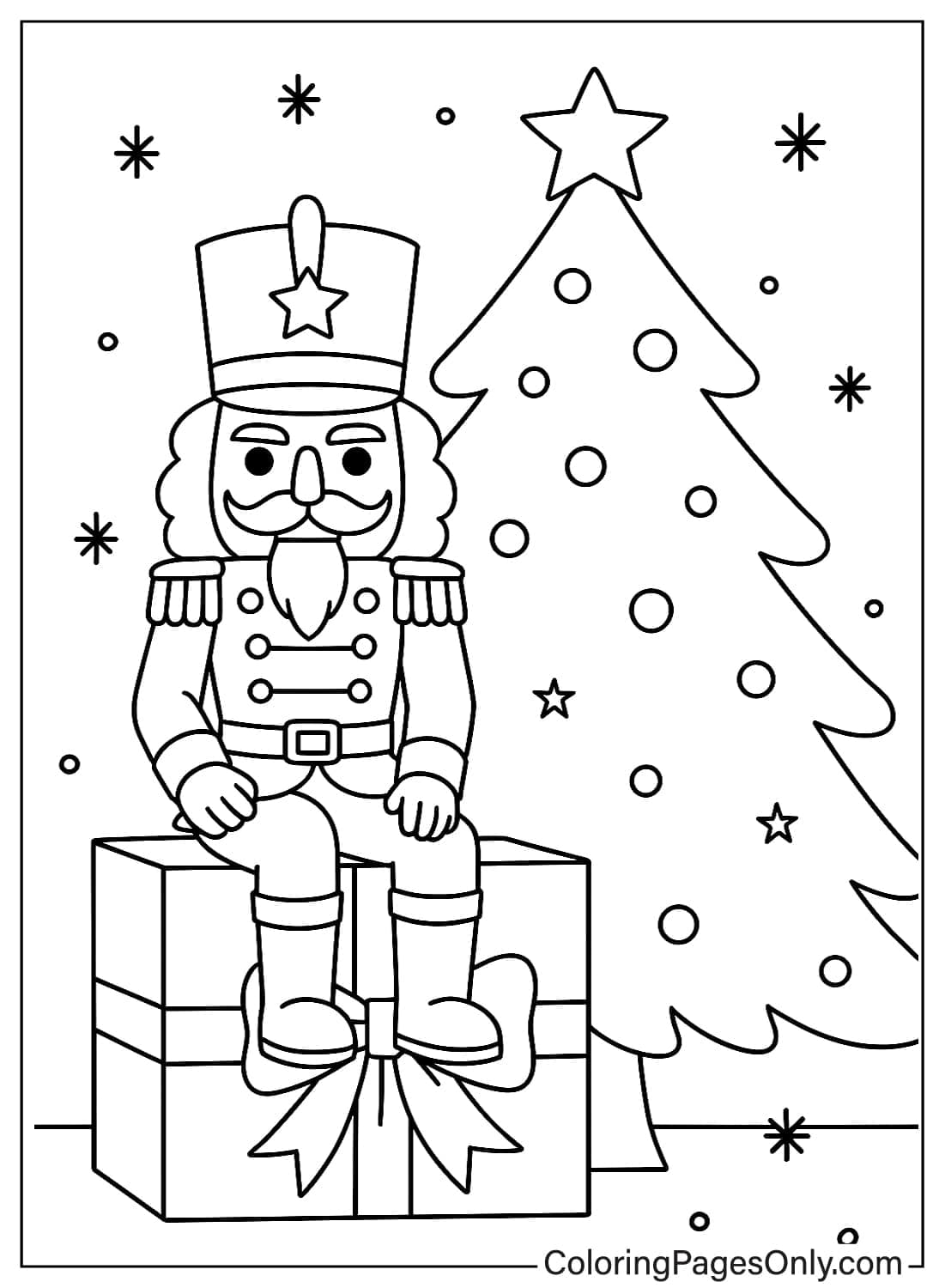 Nutcracker doll sitting on a large ribboned present next to a Christmas tree coloring page from Nutcracker