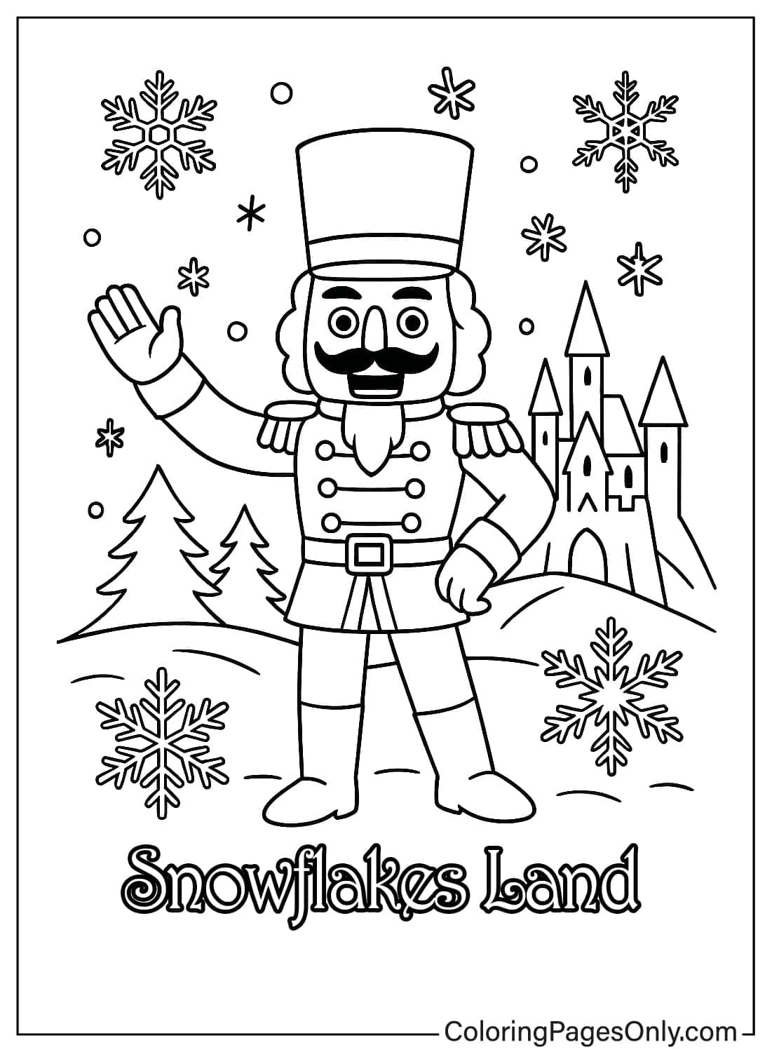 Nutcracker doll waving in front of a castle and pine tree coloring page Snowflakes Land from Nutcracker