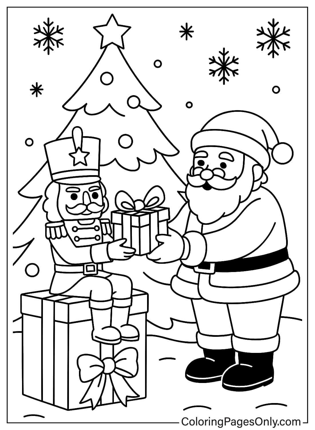 Nutcracker sitting on a box receiving a gift from Santa Claus coloring page from Nutcracker