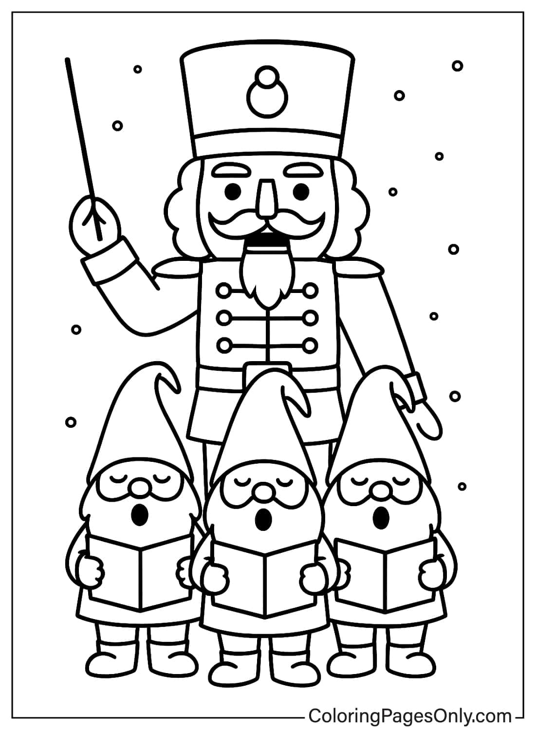 Nutcracker with stick leading three Christmas gnome carolers coloring page from Nutcracker