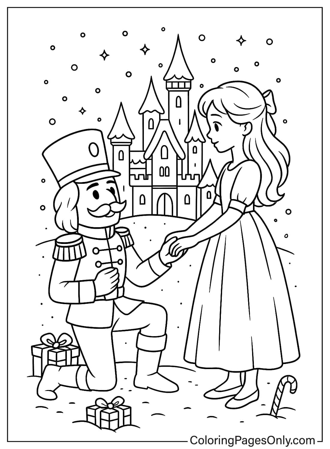 Nutcracker on one knee holding hands with Clara in front of a castle coloring page from Nutcracker