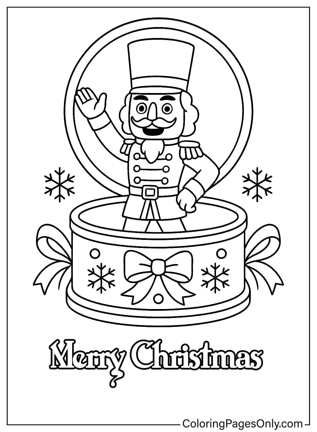 Nutcracker popping out of a holiday drum with Merry Christmas text coloring page from Nutcracker