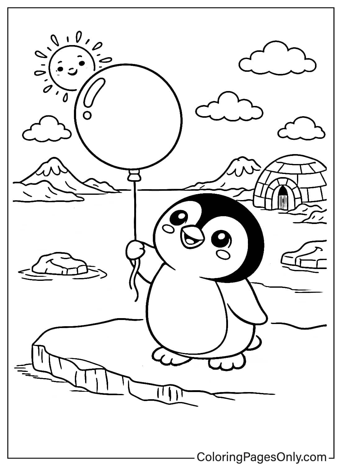 Penguin Coloring Pages Holding Big Balloon from Penguin