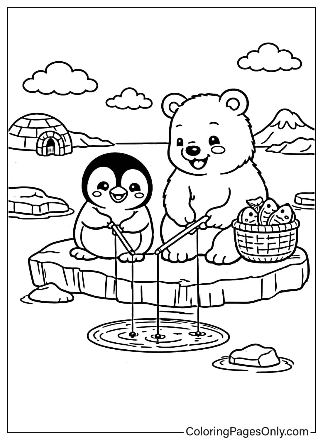 Penguin Coloring Pages Fishing With Polar Bear from Penguin