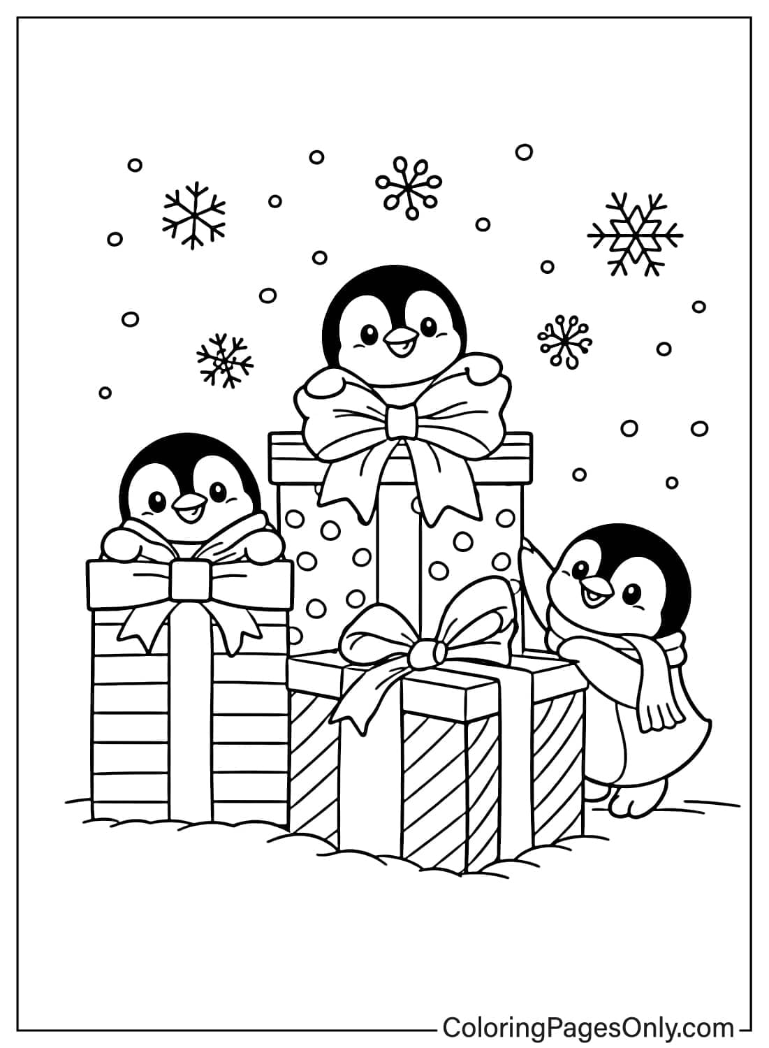 Penguin Coloring Pages With Winter Gifts from Penguin