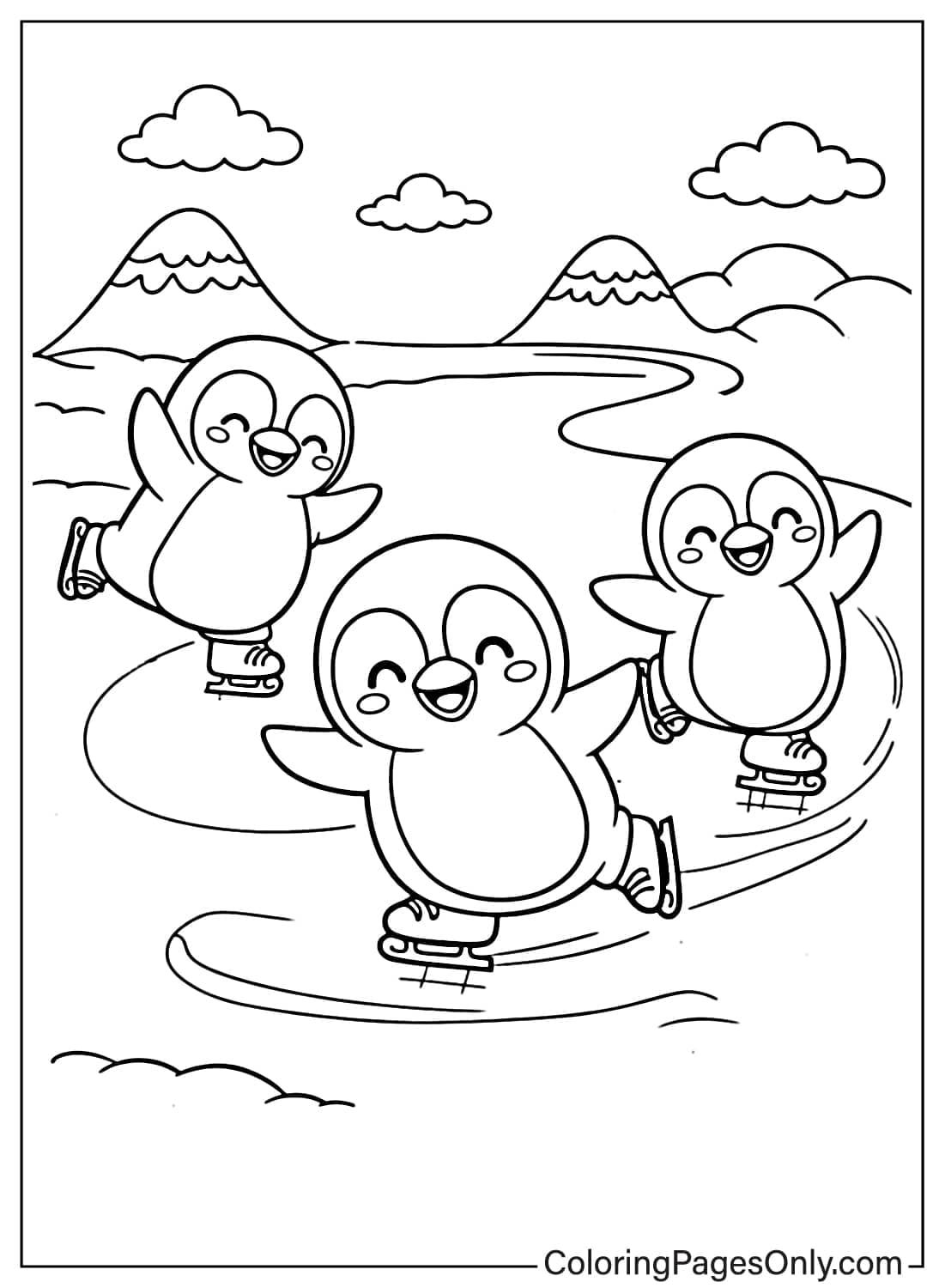 Penguin Coloring Pages Ice Skating Together from Penguin