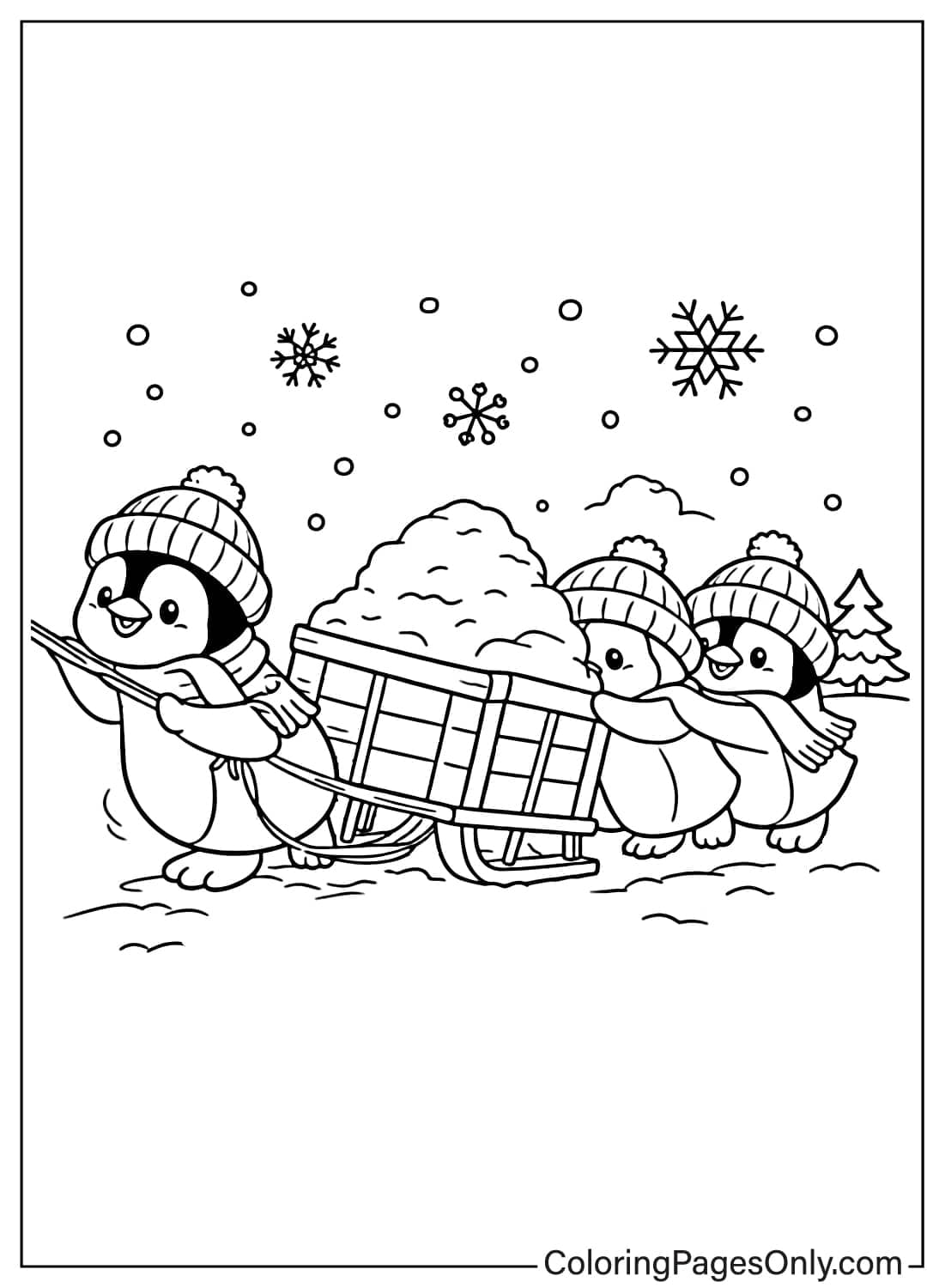 Penguin Coloring Pages Pulling Snow Cart from Penguin