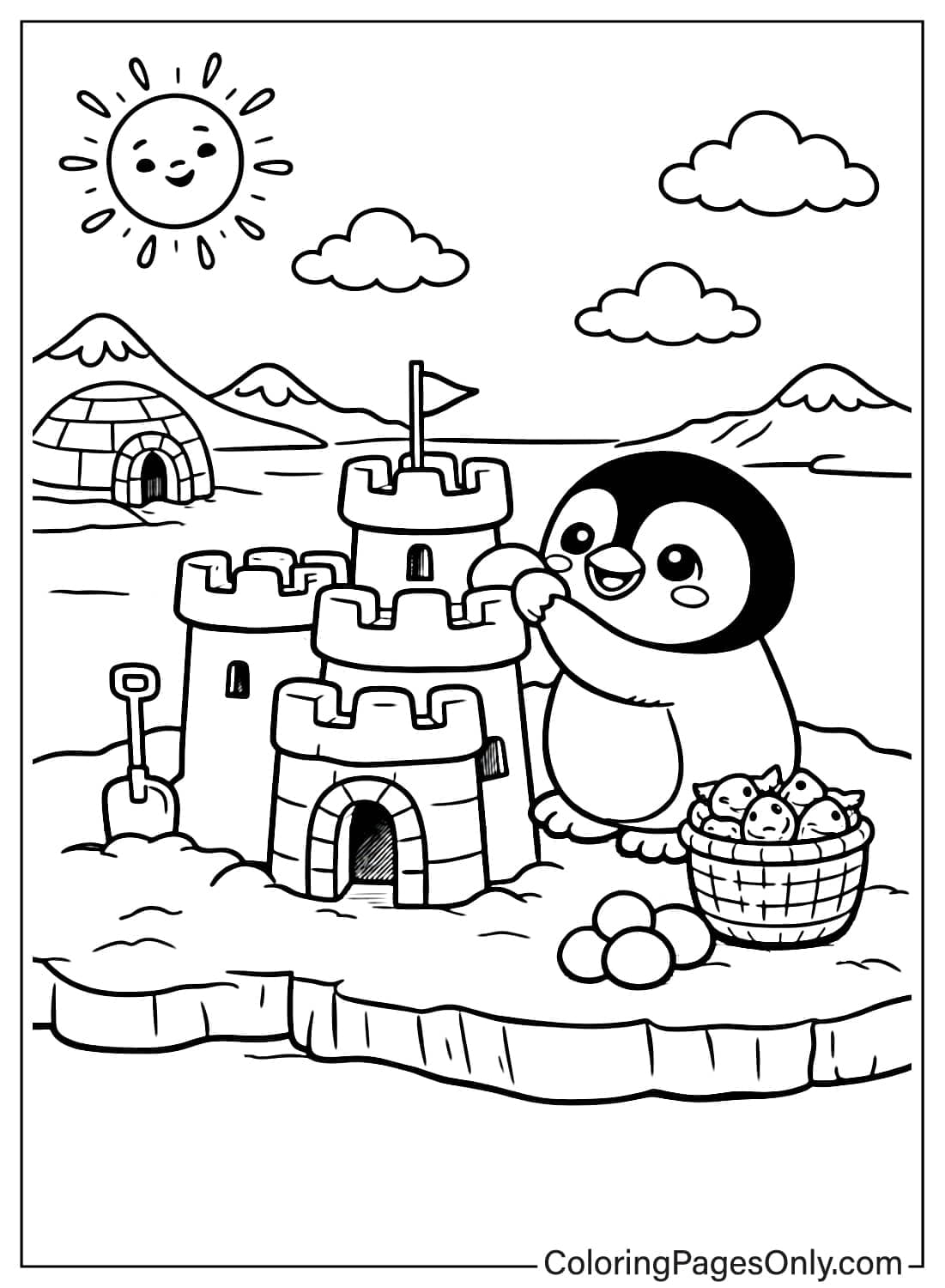 Penguin Coloring Pages Building Snow Castle from Penguin