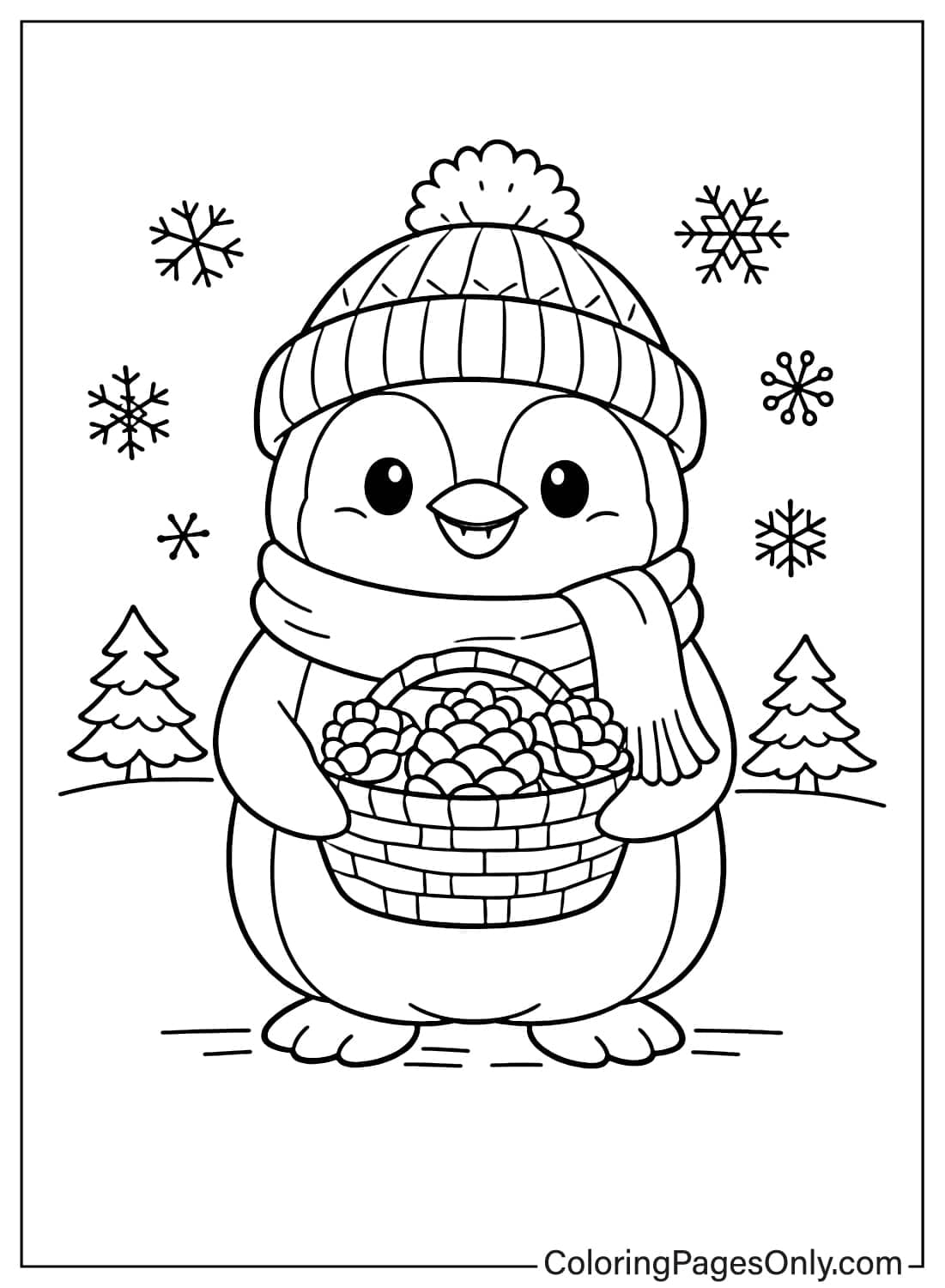 Penguin Coloring Pages Holding Winter Basket from Penguin