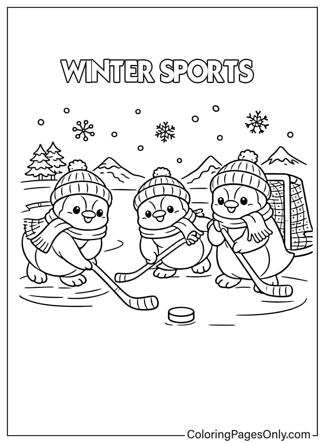 Penguin Coloring Pages Playing Winter Hockey from Penguin