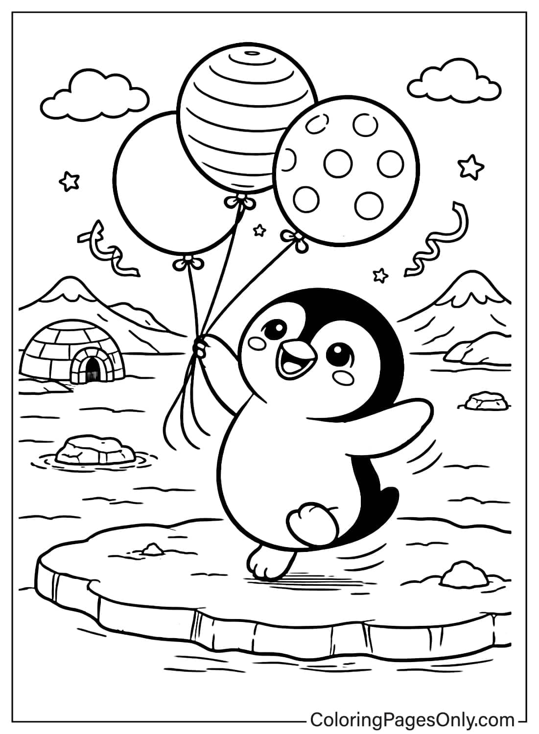 Penguin Coloring Pages Holding Balloons On Ice from Penguin