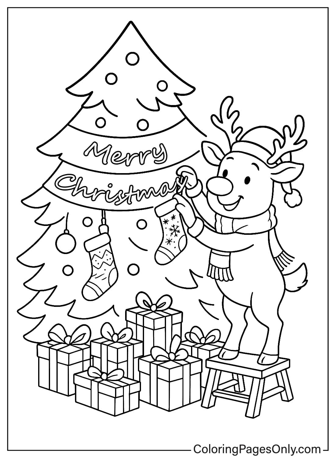 Happy Reindeer Standing on Stool Hanging Stockings on Christmas Tree Coloring from Reindeer