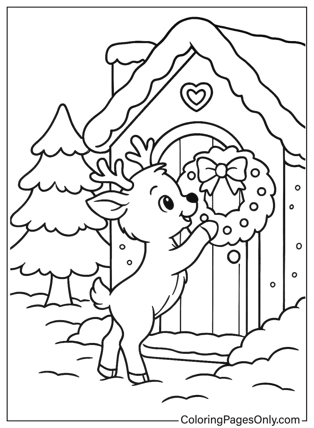 Cute Reindeer Standing on Hind Legs Hanging Christmas Wreath on Snowy Door Coloring from Reindeer