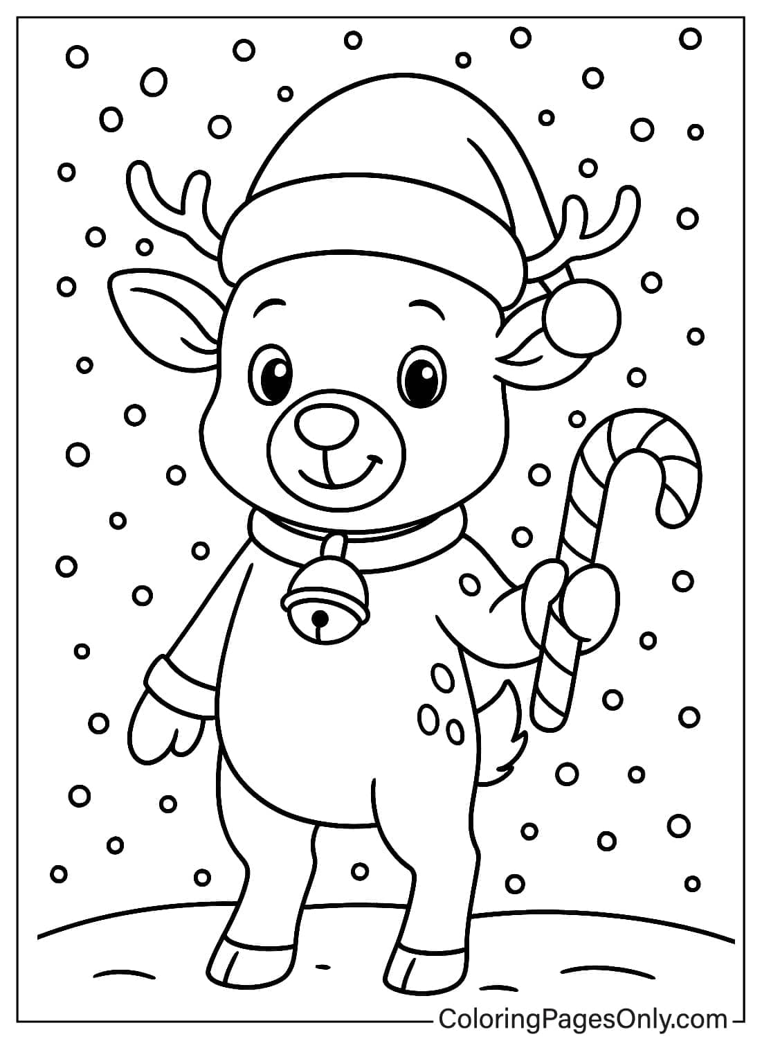 Christmas Reindeer Wearing Santa Hat Holding Striped Candy Cane Coloring from Reindeer