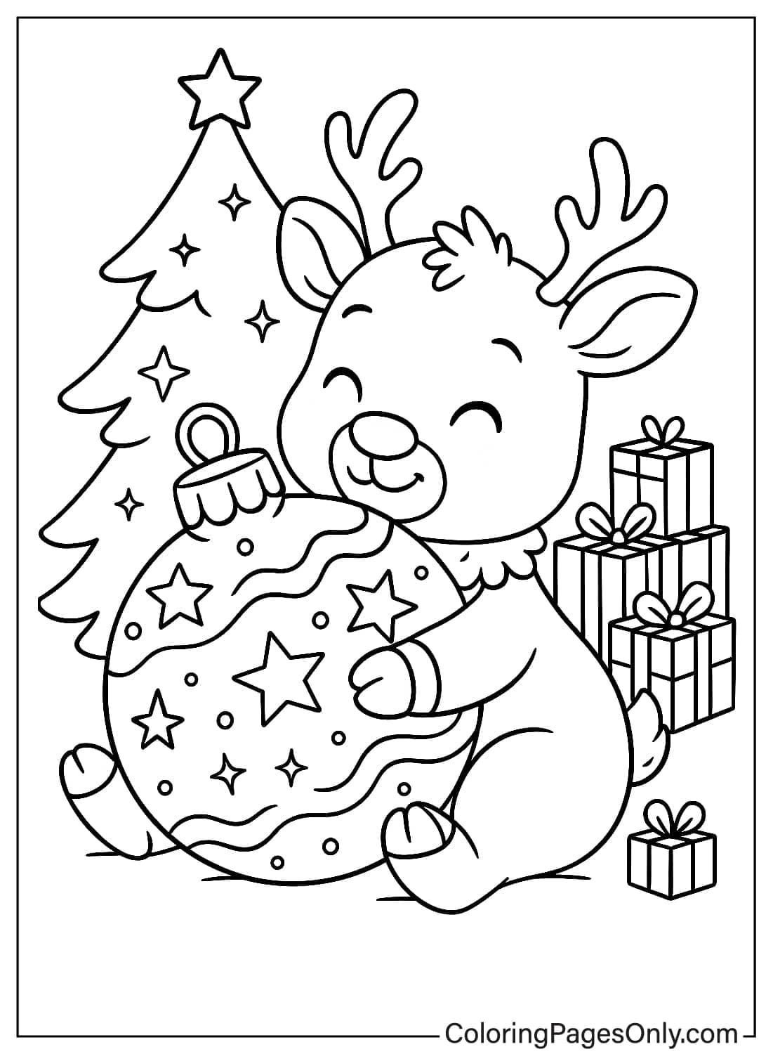 Baby Reindeer Hugging Large Star Ornament Next to Christmas Tree and Presents Coloring from Reindeer