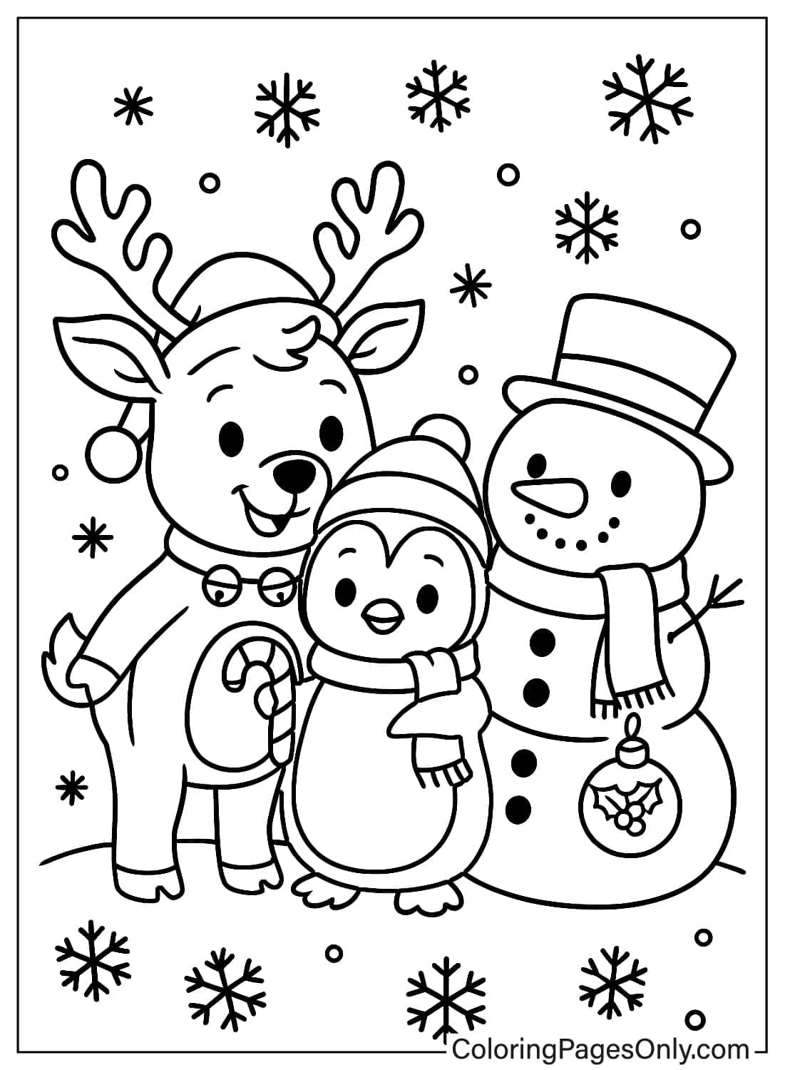 Reindeer Penguin and Snowman Smiling Together Christmas Friends Coloring from Reindeer