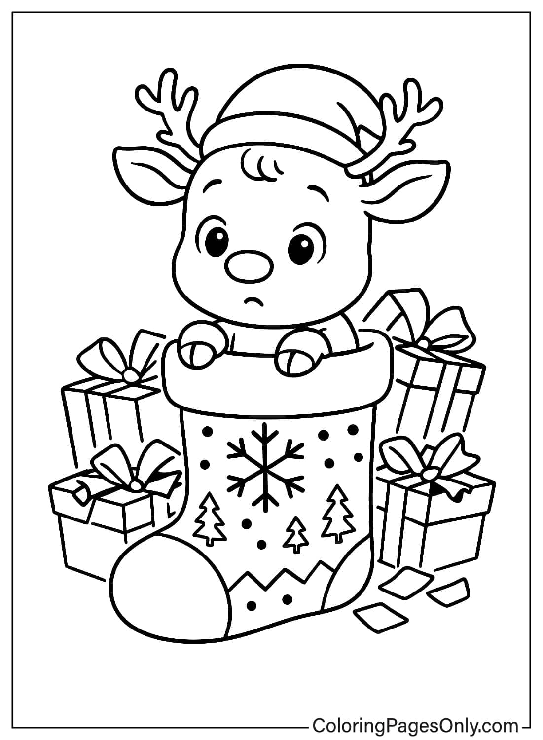 Baby Reindeer Wearing Santa Hat in a Giant Christmas Stocking Surrounded by Gifts Coloring from Reindeer